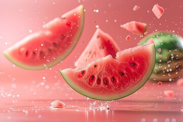 Fresh watermelon slices splash into a pool of pink water, creating a vibrant and refreshing scene. Generative AI