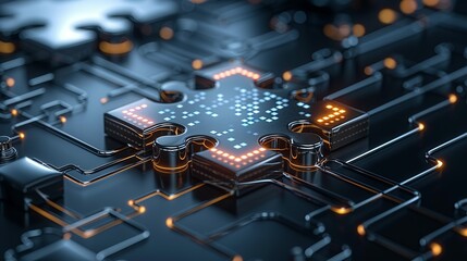 Abstract representation of a digital puzzle with interconnected pieces, symbolizing integration, compatibility, and system connectivity. High Resolution picture, , Minimalism,