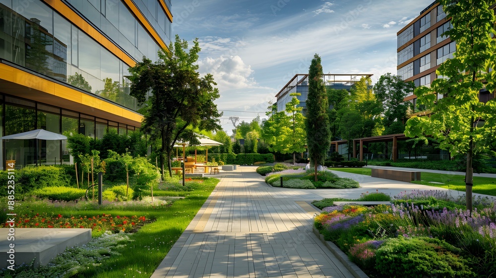 Wall mural Green area around the office complex with lawns