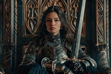 A medieval queen in armor holding a sword on a throne