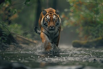 Amur tiger in water dangerous animal in Russian taiga green forest stream