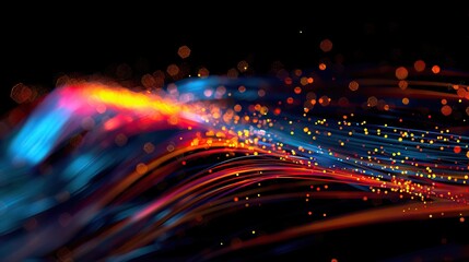 colorful optical fibres dinamic flying from deep on technology background. AI generated illustration