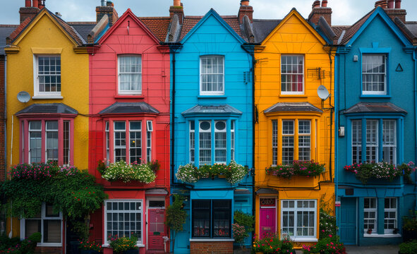 A row of colorful houses with a green house in the middle. The houses are painted in different colors, including red, blue, and yellow.