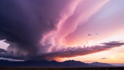  sunset on the beach, with mountains under cloudy skies,