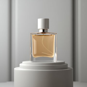 mockup of a plain perfume bottle neatly placed on a podium on a neutral background