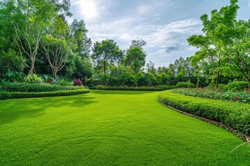 Fototapeta premium Beautiful landscape garden with mowed grass lawn and green trees