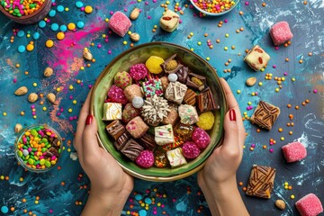 Bird s eye view photo of woman s hand with bowl of candies Ramadan celebration concept colorful sweets in Uskudar Istanbul Turkey