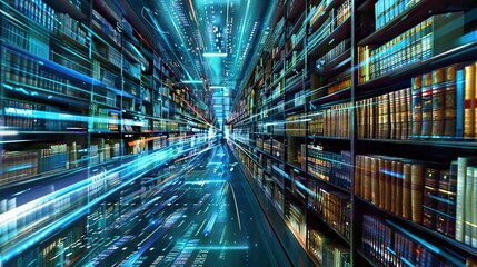 Interplay of three dimensional technology grids and lights on the subject of virtual reality and modern technologies. AI generated illustration