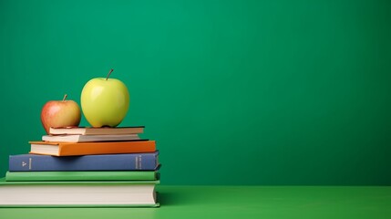 Obraz premium A neatly organized study scene with colorful pencils in a holder, several stacks of books, and a green and red apple on top, symbolizing a fresh and vibrant start to the school year