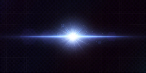 Blue laser light glare effect. Abstract laser beams of light. Horizontal sun rays of light