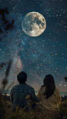 ultra-cute Japanese woman and extremely handsome Japanese man in their twenties, gazing up at a starry night sky, beautiful starry sky with a large moon. 