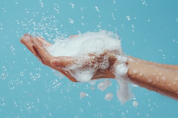 Fototapeta premium Clean hand with soap bubbles Hygiene and bath Cleanliness and body care Blue background with copy space