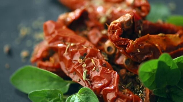 Sun dried tomatoes with aromatic herbs, oregano, marjoram leaf. Rotating on black stone background, close up. Italian cuisine, healthy vegan food, Mediterranean diet. Dry tomato.