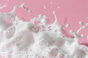Close up of different foam textures for skincare products on a pink background with space for text