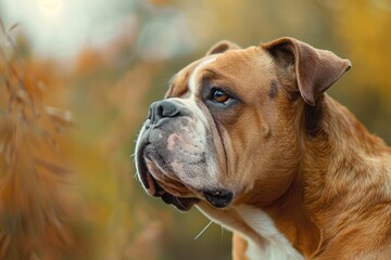 Fototapeta premium Close up photo of English Bulldog with outdoor backdrop
