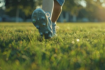Closeup image of young boy in soccer cleats running on grass field for playing football