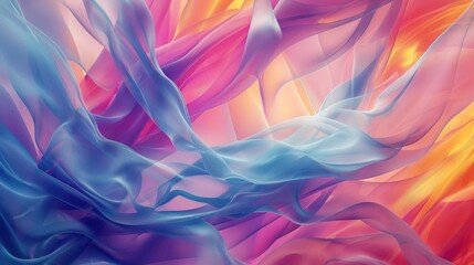 Fototapeta premium Abstract colorful flowing fabric with smooth curves and gradients in pink, blue, and yellow hues, creating a dynamic and vibrant visual effect.