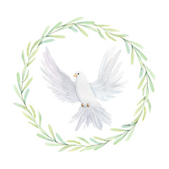 Watercolor white dove and olive branches. White birds in laurel wreath. Pigeon clip art. Hand drawn illustration isolated on background. Decorative design elements