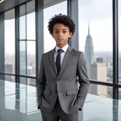 Fototapeta premium A buddy businessman, a confident young mixed-race boy with short wavy hair, wearing a dark gray suit in a business office.