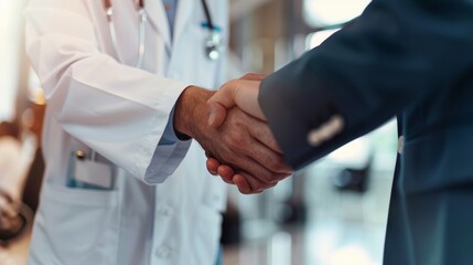 Fototapeta premium Doctor in lab coat and businessman shaking hands in hospital setting