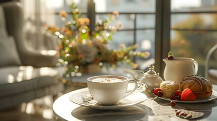 Fototapeta premium Morning coffee served in a luxury hotel overlooking image