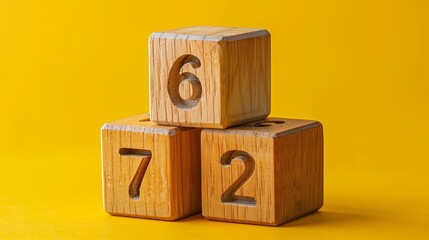 Wooden Number Blocks 672 on Yellow Background.