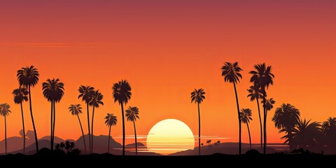 Tropical vibe sunset background with nature outdoor palmt trees decoration scene