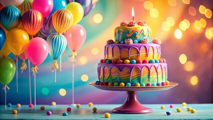 Vibrant multi-tiered birthday cake with swirling colorful icing, topped with lit candles and balloons, against soft pastel background.