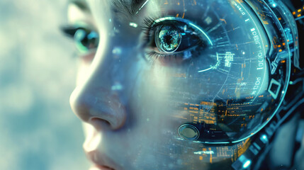 Close-up of a cybernetic face with a digitally enhanced eye displaying holographic data and futuristic elements.