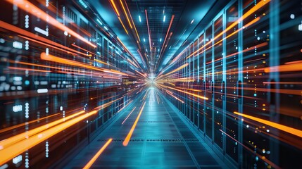 3D Render: Data Technology Center Server Racks in Dark Room with VFX. Detailed Visualization Concept of Internet of Things, Data Flow. AI generated illustration