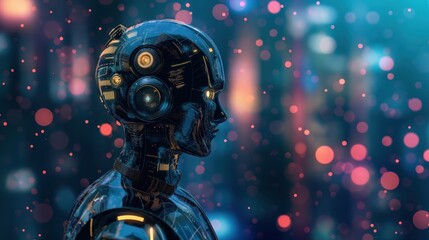 Futuristic robot with illuminated circuits, standing against a vibrant bokeh background