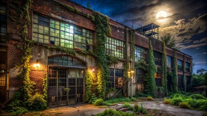 Obraz premium Dark, eerie, abandoned industrial building with broken windows, rusty gates, and overgrown with vines, illuminated by a faint moonlight.