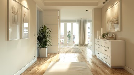 Contemporary light apartment with white dresser and hallway in living room 