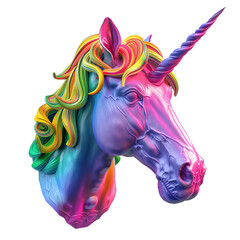 Picture of unicorn head with colourful hair and horn on transparent background.