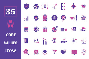 Core values editable  icons set. Core value related icons : performance, passion, love, motivation, empathy, mission, goal, accountability and more flat icon.