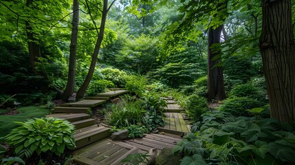 Obraz premium A forest garden with a variety of trees img