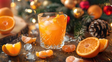 Tangerine juice in a glass with tangerine pieces