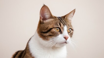  the brown white and black striped cat is looking towards the right,