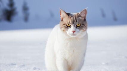 Fototapeta premium a cat stands in the snow looking to the side,