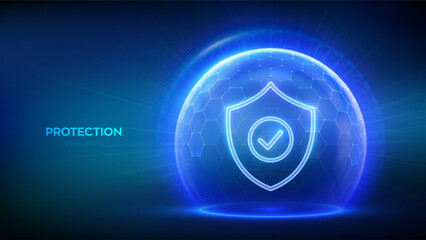 Protection. Cyber security. Network safety. Healthcare. Insurance. Protection shield with Check mark icon inside transparent sphere shield with hexagon pattern on blue background. Vector illustration.
