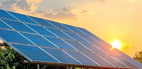 Rows of solar panels with a beautiful sunset background