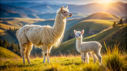 Obraz premium Adorable white alpaca tenderly gazes at its adorable offspring standing together in a serene, sun-kissed Andean highlands meadow landscape.