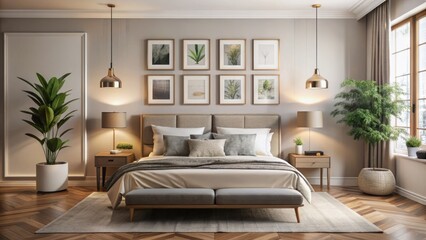 Elegant modern bedroom features a stylish wall art display with framed prints and minimalist decor against a soft Cream background