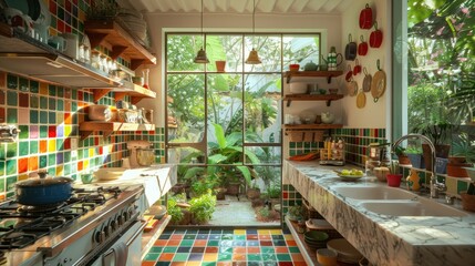 An eclectic kitchen with colorful tiles, open shelving, a farmhouse sink, and a large window letting in sunlight from a vibrant garden.