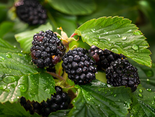 Ripe black blackberries in water drops with green leaves. Neural network AI generated art