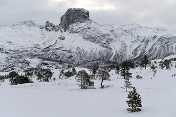 Snow landscape in the mountains of arctic Norway in winter