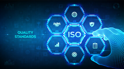 ISO standardization certification. Quality control. Quality standards control assurance warranty. Wireframe hand places an element into a composition visualizing Quality control. Vector illustration.