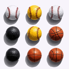 Six-pack of sports balls: Golf, basketball, and baseball