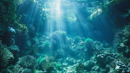 Underwater seascape featuring vibrant coral formations and a school of fish swimming above.