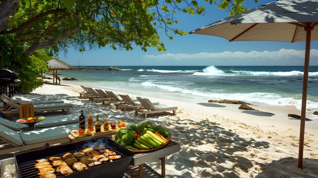 A beach with white sand and sun loungers